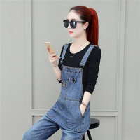 牛仔背带裤女两件套长款宽松休闲裤韩版女士减龄显瘦吊带裤秋装潮 黑色T长袖+背带裤 S26