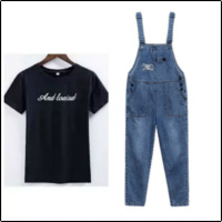 牛仔背带裤女两件套长款宽松休闲裤韩版女士减龄显瘦吊带裤秋装潮 黑色T短袖+背带裤 M27