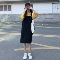 2020春款韩版时尚简约宽松连衣裙矮个子百搭牛仔背带裙女学生 黑色高质量收藏关注店铺优先发货 2XL