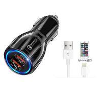 qc3.0闪充车载手机充电器一拖二多功能汽车点烟器快车充插头通用|QC黑色-送苹果数据线