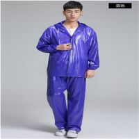 pvc海胶牛筋布分体雨衣雨裤套装户外徒步骑行垂钓雨披防雨服|蓝色厚牛筋套装(拉链) 大号(身高170-180)