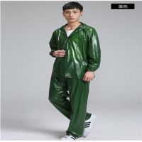 pvc海胶牛筋布分体雨衣雨裤套装户外徒步骑行垂钓雨披防雨服|绿色厚牛筋套装(拉链) 小号(身高160-170)