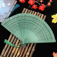 全竹扇子折扇礼品扇工艺扇子竹制雕花镂空夏季折扇中国风古典扇子|绿色竹蜻蜓