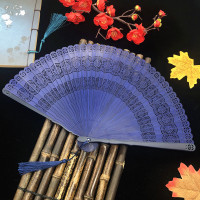 全竹扇子折扇礼品扇工艺扇子竹制雕花镂空夏季折扇中国风古典扇子|宝蓝色蓝色图腾(19.5cm