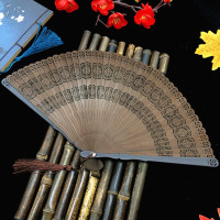 全竹扇子折扇礼品扇工艺扇子竹制雕花镂空夏季折扇中国风古典扇子|深棕色咖色图腾(19.5cm