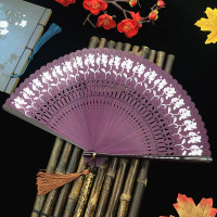 全竹扇子折扇礼品扇工艺扇子竹制雕花镂空夏季折扇中国风古典扇子|紫色紫色印花玫瑰