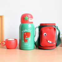 儿童保温杯带吸管两用宝宝水杯小学生防摔杯子幼儿园方便携带水壶 绿色[0054保温杯]500ml书包款双盖两用