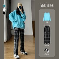 [春节不打烊]黑白格子裤女2022春秋新款宽松遮肉显瘦直筒休闲高