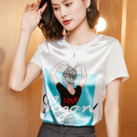 2022夏季新款韩版女装前丝后棉缎面宽松大码印花T恤丝光棉短袖t