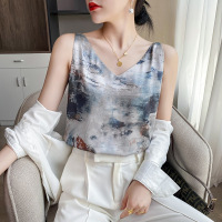 V领水墨画印花吊带背心女内搭宽松外穿性感无袖缎面上衣打底