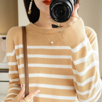 秋冬长袖棉线针织衫女毛衣套头宽松条纹内搭洋气针织衫打底上衣