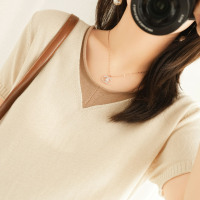 2022春夏棉针织短袖T恤女士V领宽松显瘦洋气撞色半袖打底衫上衣