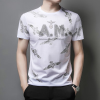 韩版男装 夏季男式t恤 短袖圆领大码体恤丝光棉烫钻 地摊