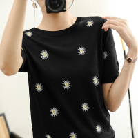 22年春夏季新款冰丝针织短袖刺绣小花韩版温柔风短款上衣女t恤潮