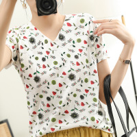 22夏季新款花卉印花短袖T恤女士宽松半袖薄款小衫夏装棉线衫上衣