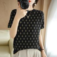 针织T恤春季新款亮丝勾花女圆领欧货短袖洋气时尚弹力针织衫上衣