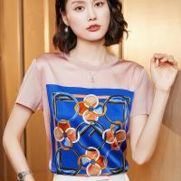 夏桑蚕丝短款套头短袖白色印花圆领宽松型高丝气质通勤t恤女