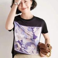 2022夏新款圆领醋酸缎面T恤女士拼色印花桑蚕丝短袖宽松显瘦上衣