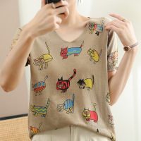 V领套头棉线针织衫T恤女夏季宽松外穿猫咪印花复古文艺棉麻短袖