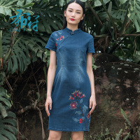布符原创秋季新款刺绣长款立领旗袍裙优雅短袖改良旗袍连衣裙