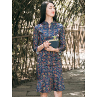 布符秋冬新款 V领印花中长款时尚气质复古修身显瘦连衣裙裙子