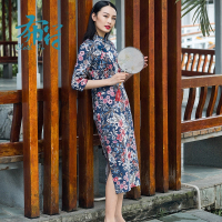 布符女装中长款中国风盘扣印花端庄大气旗袍印花盘扣复古连衣裙女