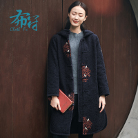 布符秋冬新款中式绣花中长款轻薄保暖棉服连帽宽松休闲厚外套