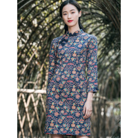 布符秋冬新款立领印花长袖中长款复古修身显瘦收腰改良旗袍女