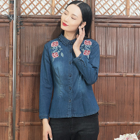 布符原创秋新款长袖复古棉打底上衣牛仔刺绣印花翻领衬衫女