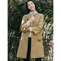 布符秋冬新款复古宽松个性外套女中长款圆领长袖气质优雅大衣