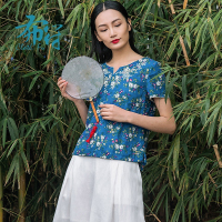 [特价不退]布符女装打底衫女复古刺绣薄上衣印花V领短袖T恤