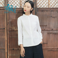 布符原创秋新款长袖拼接复古绣花上衣镂空刺绣圆领白衬衫女