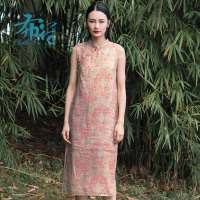 布符夏季新款中长款无袖中式清新印花盘扣复古改良旗袍裙女