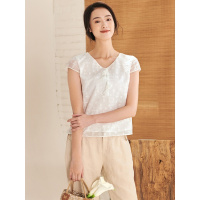 布符夏新款短袖v领上衣体恤立体花设计感气质小清新文艺T恤女