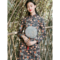 布符新款百搭女装旗袍印花中长款裙子复古宽松保暖长袖修身连衣裙