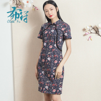 布符春季新款复古日常中长款修身改良短袖优雅旗袍连衣裙女装
