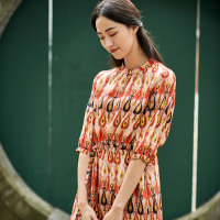 布符春新款印花长款休闲时尚气质宽松复古修身收腰民国连衣裙