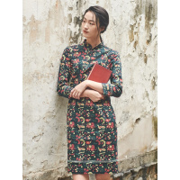 布符春新款印花长袖长款国民民国中式原创日常收腰修身旗袍女