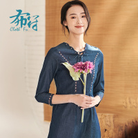 布符春新款绣花长袖中长款休闲时尚收腰复古气质修身连衣裙女