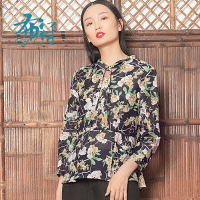 [特价不退]布符拼接上衣女印花宽松打底衫内搭长袖复古T恤