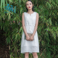 [特卖专区不退]新款复古刺绣V领中长款系带宽松连衣裙女