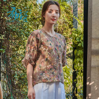 布符2020春夏原创新款复古印花V领荷叶边时尚百搭修身气质女款T恤