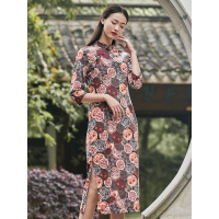 布符秋新款复古民国风中式盘扣长款改良旗袍日常印花唐装女