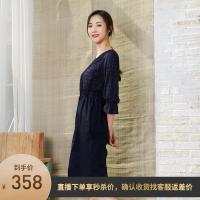 布符装新款拼接复古文艺中长款收腰连衣裙长袖修身显瘦裙子女