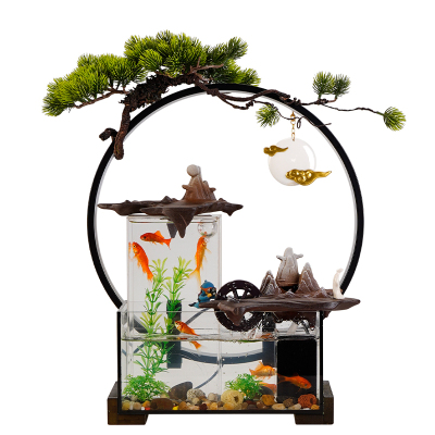 创意流水生财玻璃金鱼缸摆件循环水办公室桌面客厅水族箱开业礼品