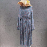 13号 INPOSE线下同款蓝碎花百褶长裙淑女长裙