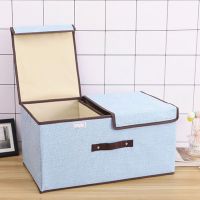 双盖双格衣服收纳整理箱有盖防水桌面储物箱内衣物裤收纳盒可折叠|棉麻纯色-蓝色 小号36*25*16CM
