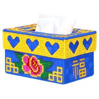 十字绣抽纸盒自己绣三心花款家车用毛线手工绣立体绣纸抽盒纸巾盒|三心富贵花-靠蓝