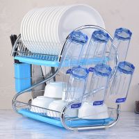 双层碗架厨房置物架碗碟沥水架碗筷收纳盒晾放碗架收纳架|【主架+刀架筷子筒+水杯架】【蓝色】