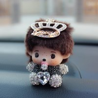 蒙奇奇公仔汽车摆件镶钻装饰品创意可爱车内饰品摆件卡通车饰女士 爱心皇冠娃[圆头摆件]